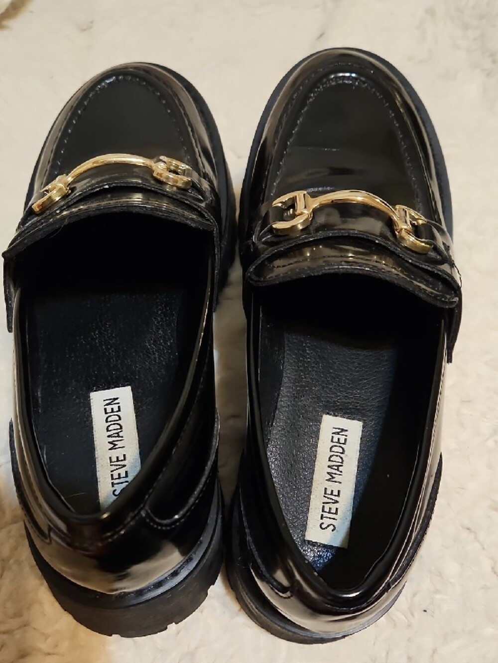 Steve Madden Black Patent Loafers with Gold Buckle - Picture 5 of 7